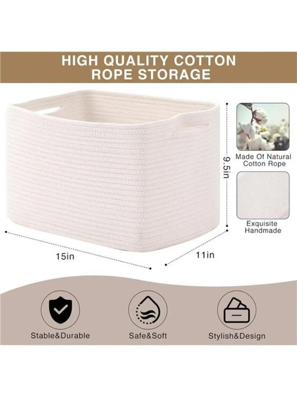 Woven Cotton Rope Storage Baskets for Shelves Nursery Toys Books Towels Set 3